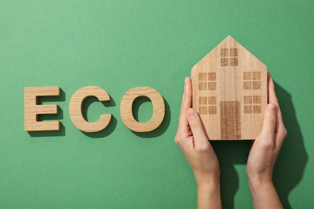 Eco house concept, wooden house with the word eco